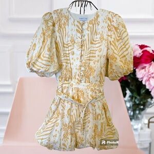 Saboluxe Linen Gold White Puff Sleeve‎ Belted Mini Dress Button Front Sz Small